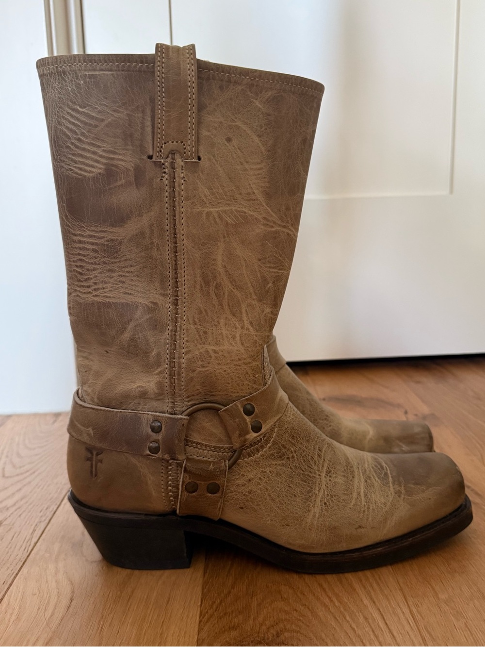 Frye Distressed Tan Harness Leather Mid-Calf Boots
